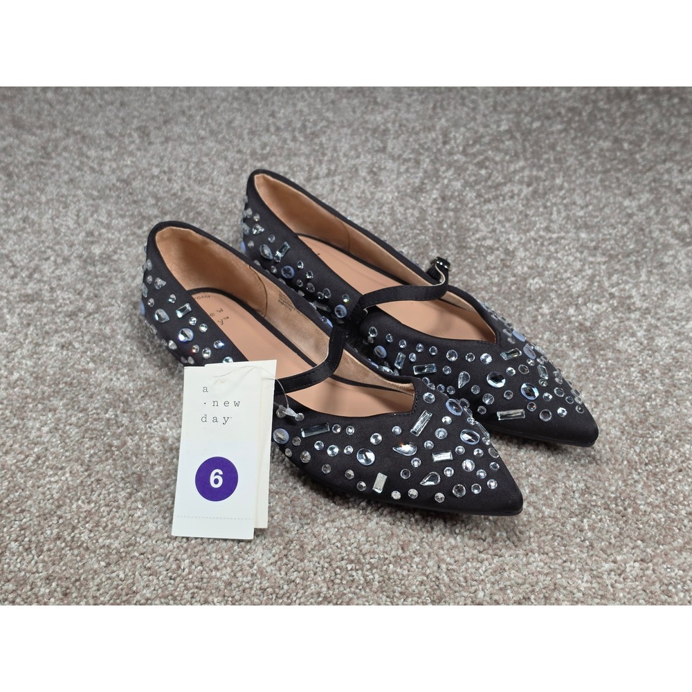 A New Day Gabriella Black Rhinestone Mary Jane Pointed Toe Flats Shoes Size 6